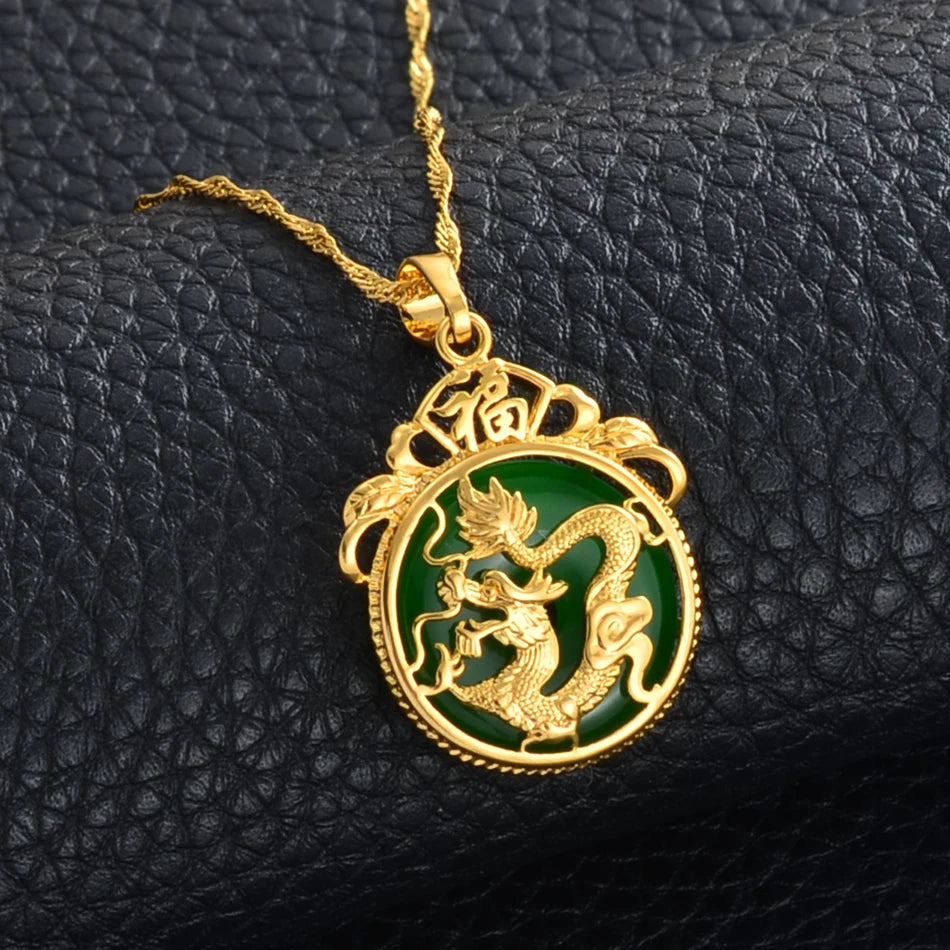 Anniyo Green Stone Dragon Pendant Necklace - Image 5