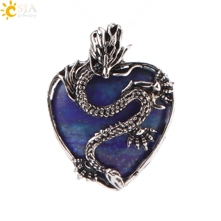 CSJA Double Dragon Necklace – Natural Stone Heart Crystal Pendant Amulet for Men & Women | Halloween Jewelry Gift H238 - Image 31