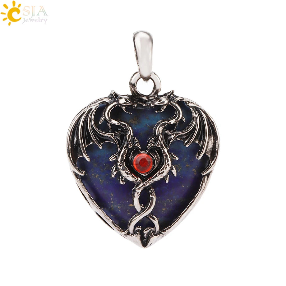 CSJA Double Dragon Necklace – Natural Stone Heart Crystal Pendant Amulet for Men & Women | Halloween Jewelry Gift H238 - Image 32