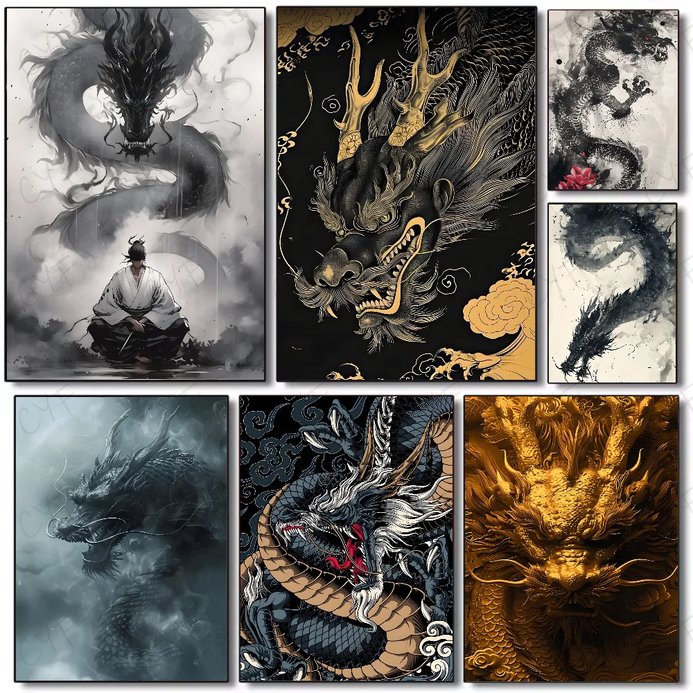 Asian Ink Style Dragon & Shadow Waves Art Poster – HD Waterproof Wall Sticker for Home & Bar Aesthetic Decoration