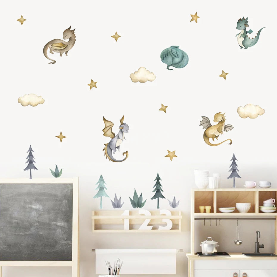 Cartoon Dragon & Clouds Watercolor Wall Stickers - Image 3