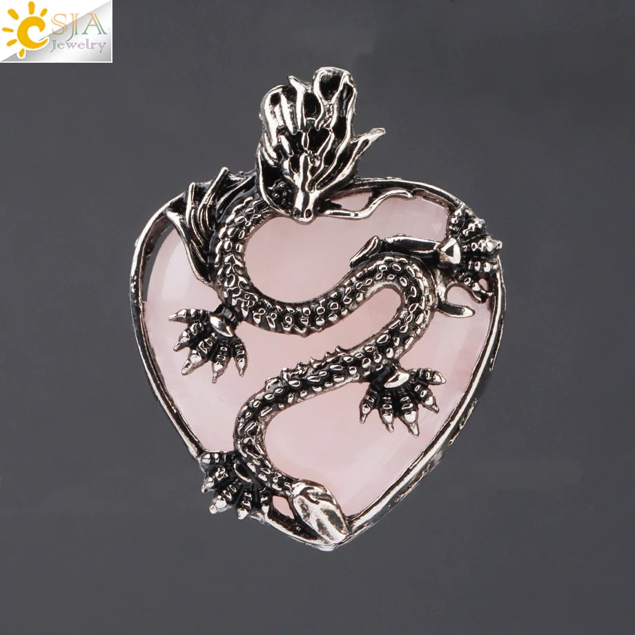 CSJA Double Dragon Necklace – Natural Stone Heart Crystal Pendant Amulet for Men & Women | Halloween Jewelry Gift H238 - Image 19