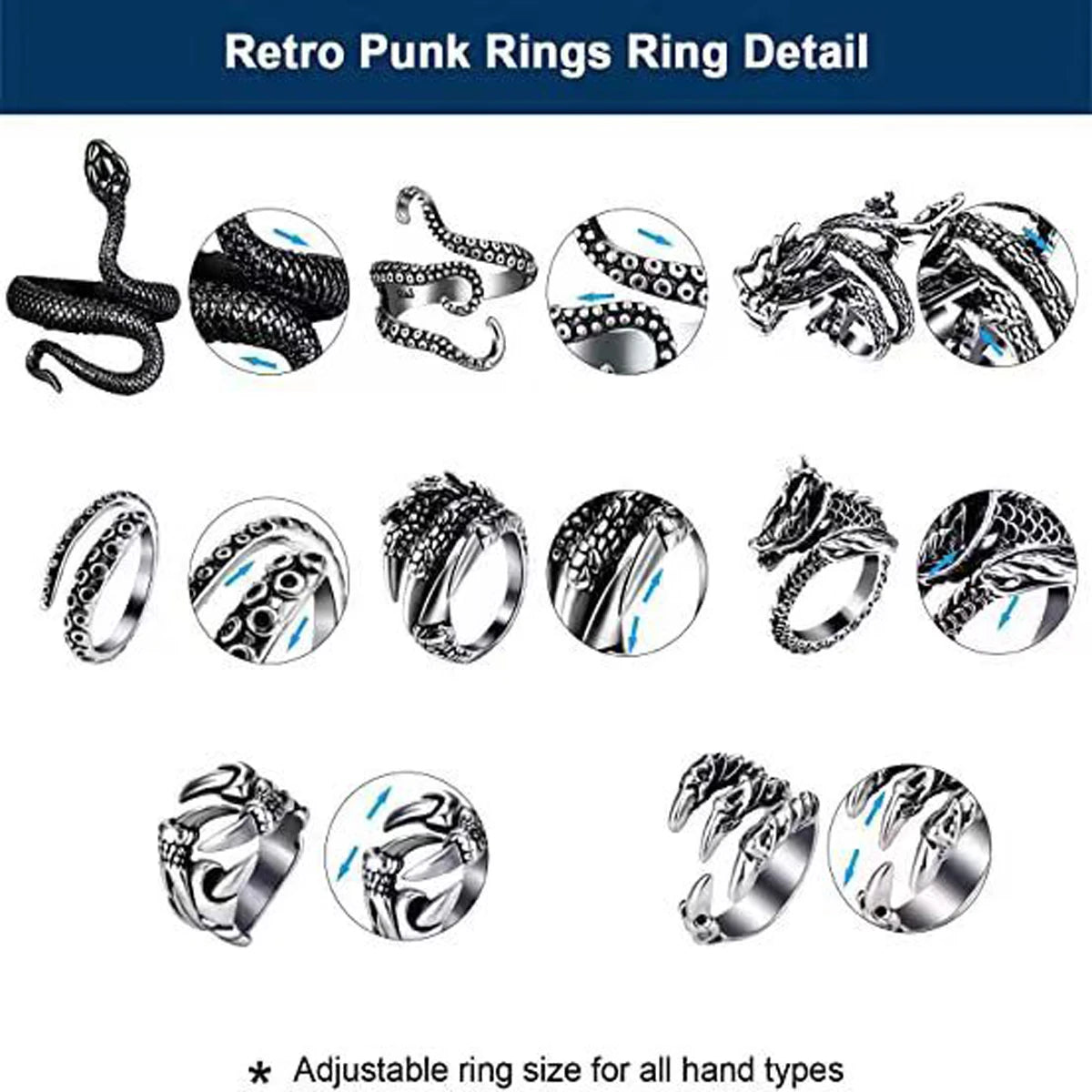 8 Pieces/Set Vintage Animal Open Rings – Dragon, Snake, Octopus & Eagle Claw Punk Accessories for Men - Image 3