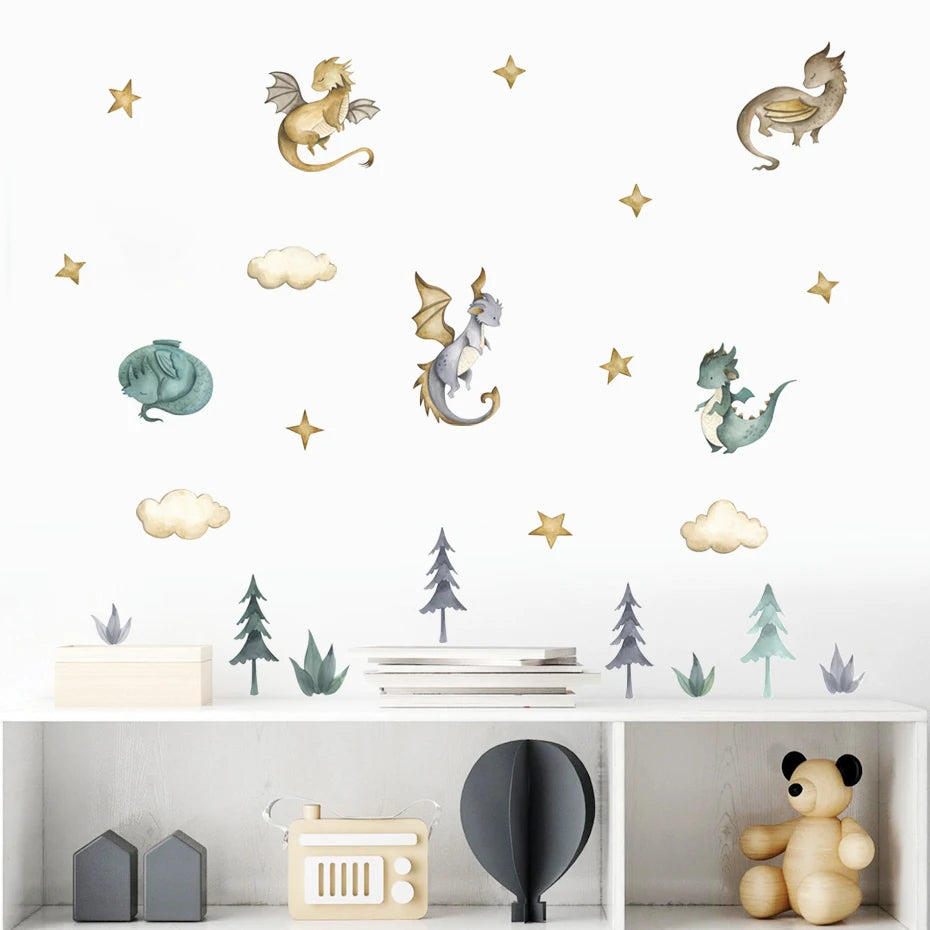 Cartoon Dragon & Clouds Watercolor Wall Stickers - Image 5