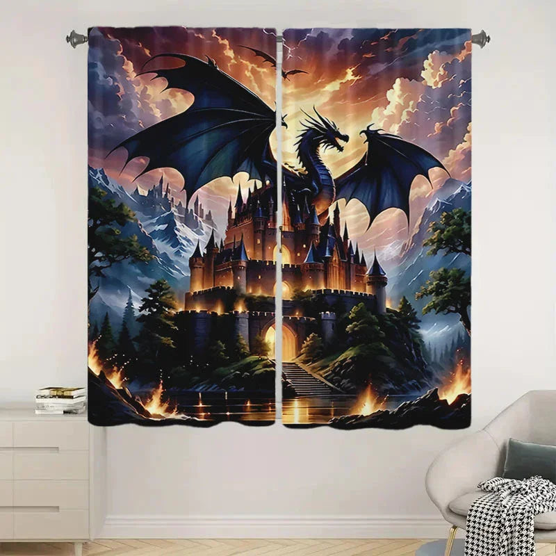 Dragon and Black Castle Printed Curtains – Pole Bag Design for Bedroom & Living Room Decor - Image 6