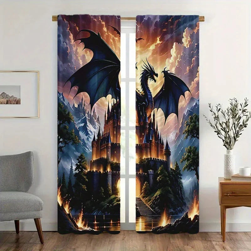 Dragon and Black Castle Printed Curtains – Pole Bag Design for Bedroom & Living Room Decor - Image 4