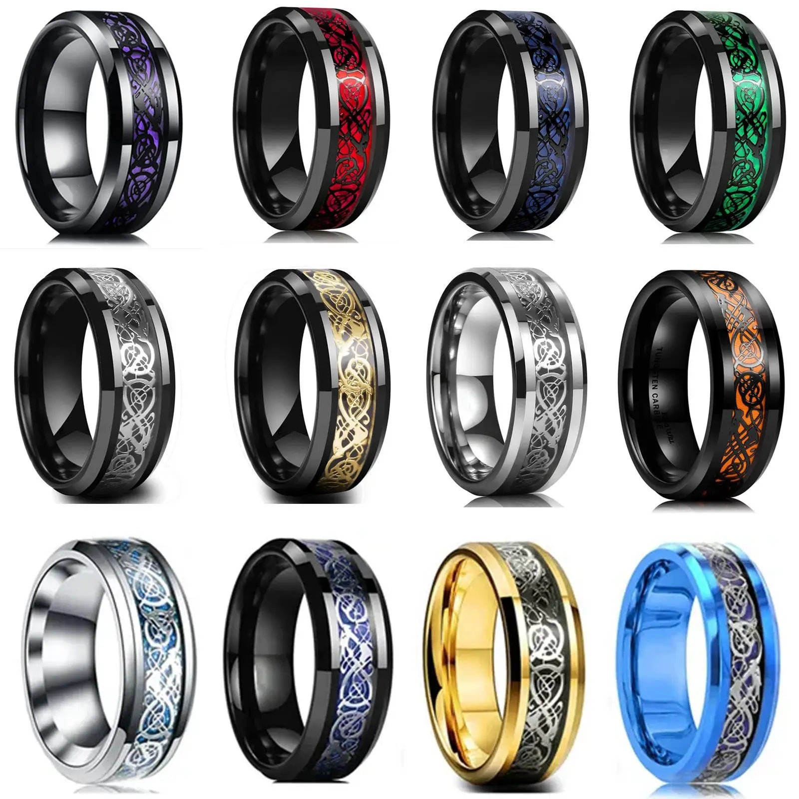 Classic 8mm Black Tungsten Celtic Dragon Ring – Men’s Stainless Steel Wedding Band with Red Carbon Fiber Inlay