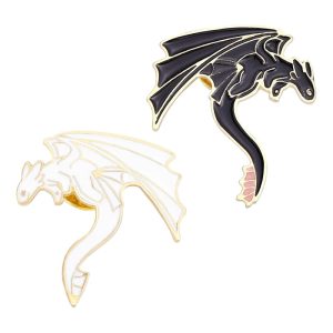 Black & White Pterosaur Enamel Pins – Cartoon Dragon Brooches for Kids & Friends